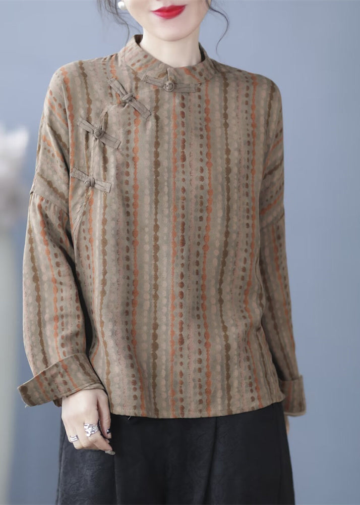 Khaki Striped Print Button Top Spring