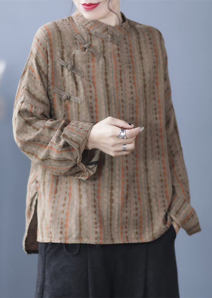 Khaki Striped Print Button Top Spring