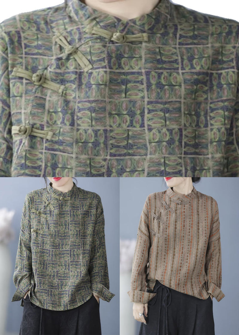 Khaki Striped Print Button Top Spring