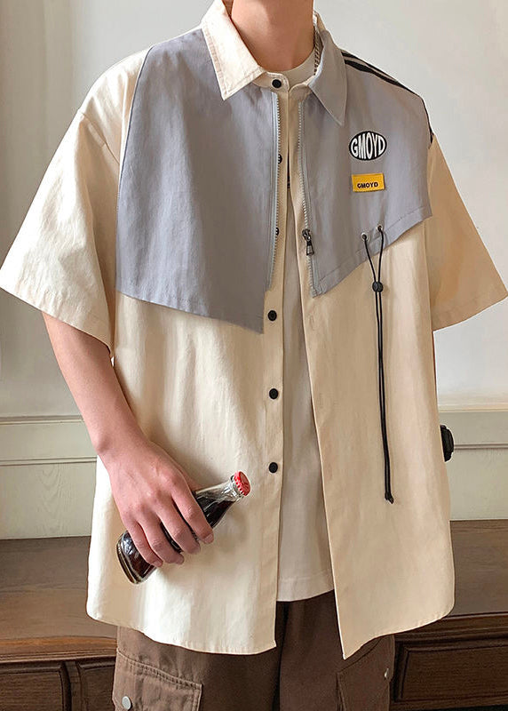 Khaki Striped Zippered Patchwork Cotton Shirt Half Sleeve