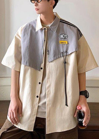 Khaki Striped Zippered Patchwork Cotton Shirt Half Sleeve