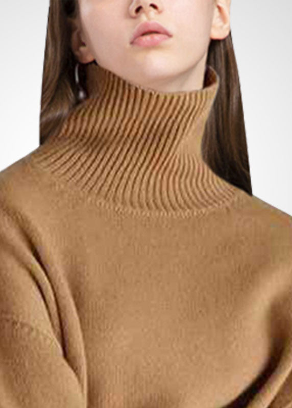 Khaki Turtle Neck Low High Design Cozy Wool Knit Pullover Winter