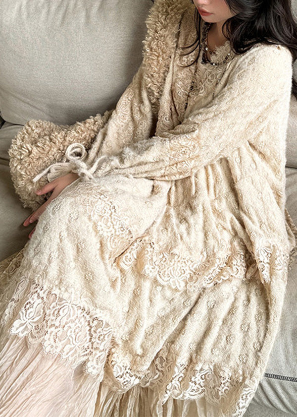 Khaki V Neck Asymmetrical Patchwork Lace Dress Spring