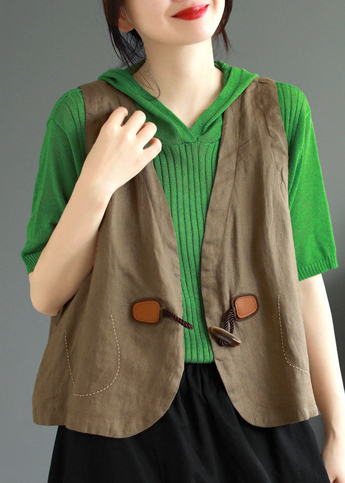 Khaki V Neck Button Patchwork Linen Vest Sleeveless