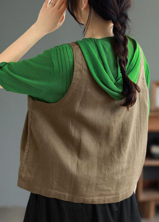 Khaki V Neck Button Patchwork Linen Vest Sleeveless