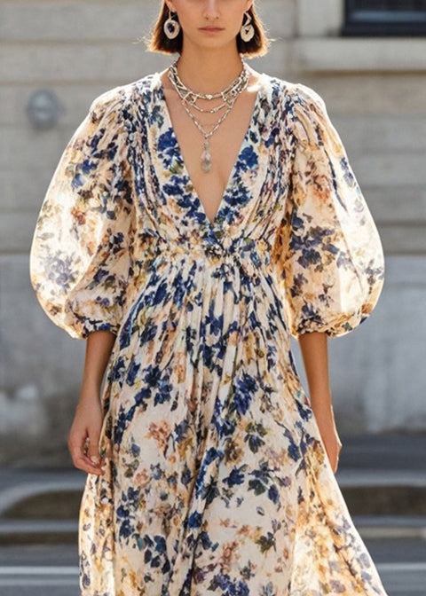 Khaki V Neck Print Chiffon Maxi Dresses Bracelet Sleeve