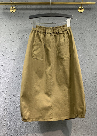 Khaki Wrinkled Pockets Patchwork Cotton Skirts Fall