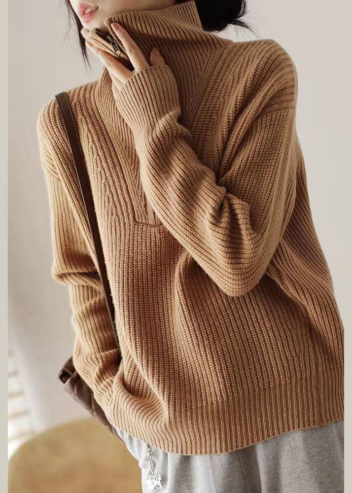 Khaki Zip Up Knit Sweater Tops Winter