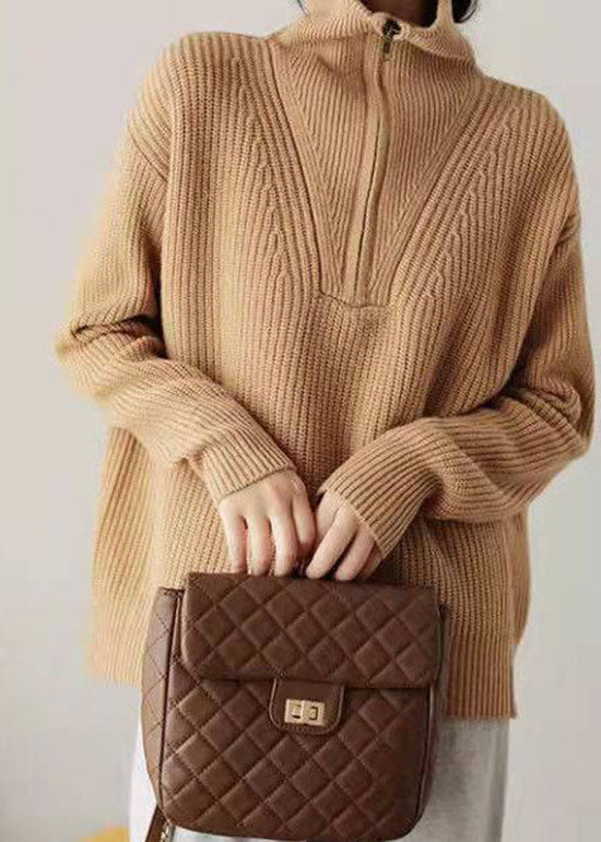 Khaki Zip Up Knit Sweater Tops Winter