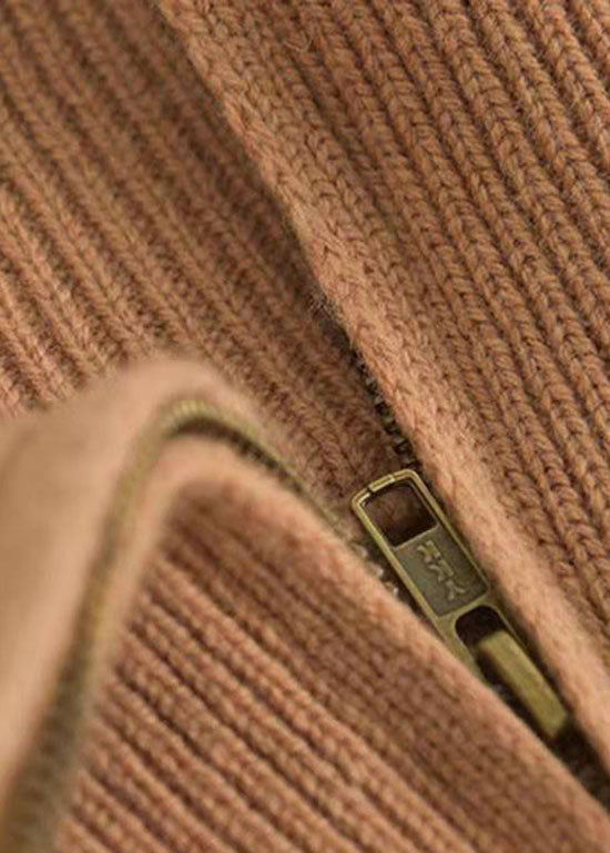 Khaki Zip Up Knit Sweater Tops Winter