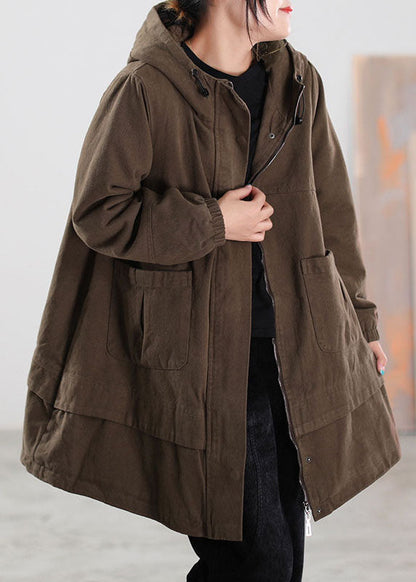 Khaki Drawstring Pockets Cotton Filled Parka Winter