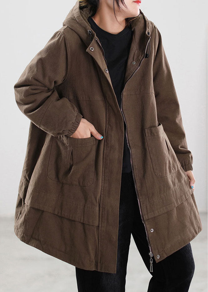 Khaki Drawstring Pockets Cotton Filled Parka Winter