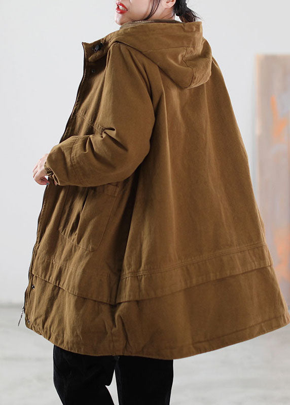 Khaki Drawstring Pockets Cotton Filled Parka Winter