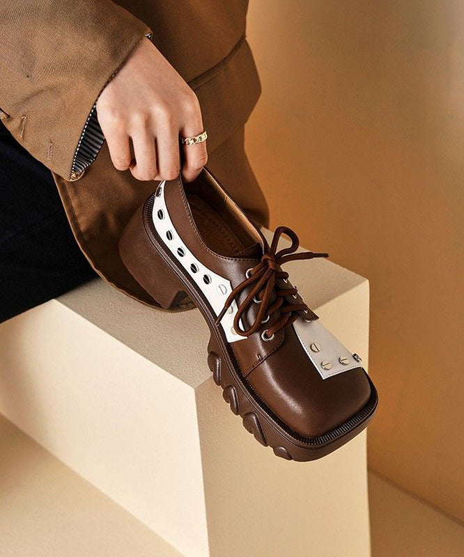 Lace Up Chunky High Heels Brown Cowhide Leather Loafers for