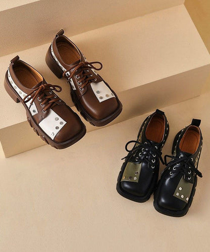 Lace Up Chunky High Heels Brown Cowhide Leather Loafers for