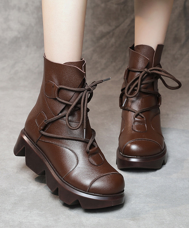 Lace Up Splicing Platform Boots Dark Brown Cowhide Leather Fuzzy Wool Lined