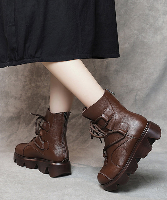 Lace Up Splicing Platform Boots Dark Brown Cowhide Leather Fuzzy Wool Lined