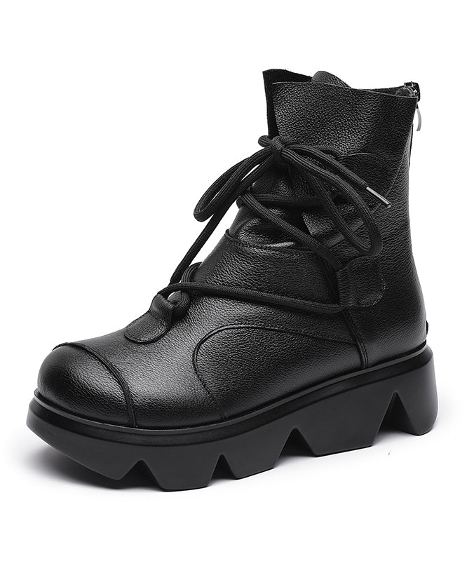 Lace Up Splicing Platform Boots Dark Brown Cowhide Leather Fuzzy Wool Lined