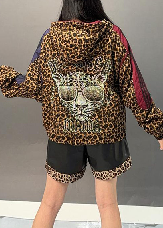 Leopard Patchwork Zippered Hoodies Coats Spring
