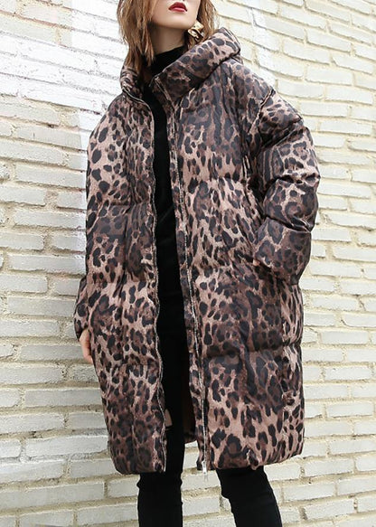 Leopard Coats Winter Hooded Zippered Outwear