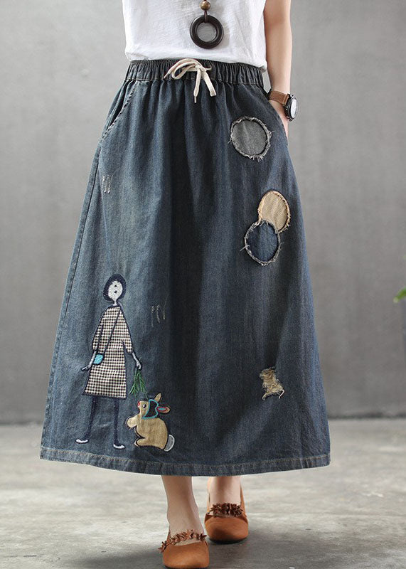 Light Blue Elastic Waist Patchwork Cartoon Embroideried Tulle Denim Skirts Spring
