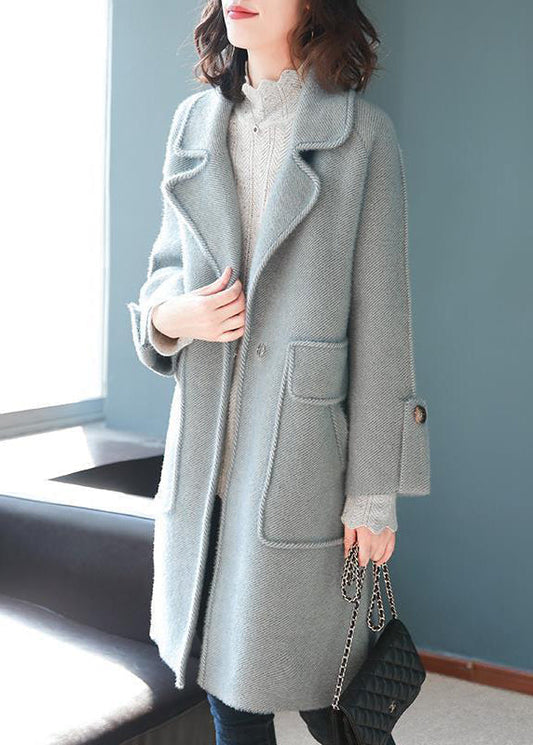 Light Blue Lapel Pockets Thick Woolen Trench Fall