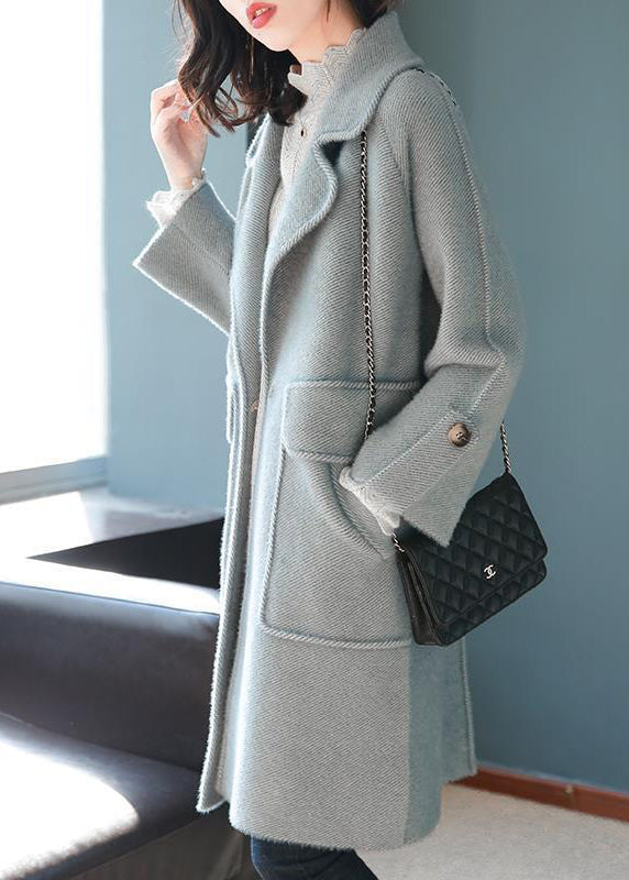 Light Blue Lapel Pockets Thick Woolen Trench Fall