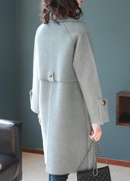Light Blue Lapel Pockets Thick Woolen Trench Fall
