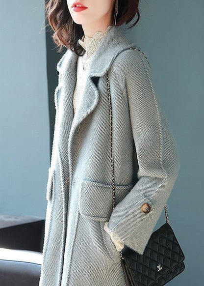 Light Blue Lapel Pockets Thick Woolen Trench Fall