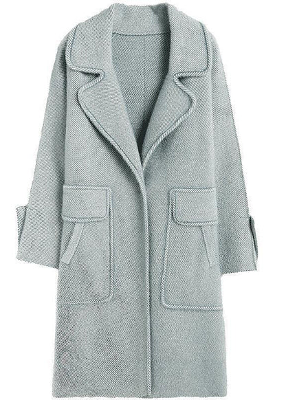 Light Blue Lapel Pockets Thick Woolen Trench Fall
