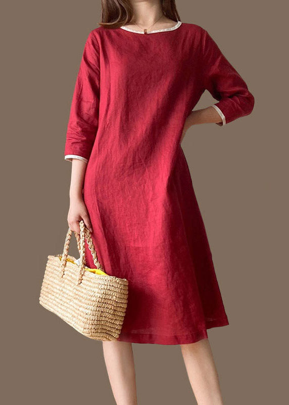 Light Blue O-neck Linen Dress Half Sleeve