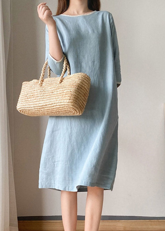 Light Blue O-neck Linen Dress Half Sleeve