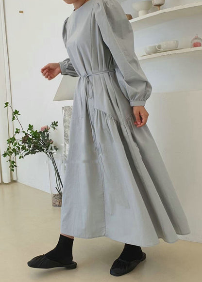 Light Blue O Neck Patchwork Wrinkled Cotton Dress Puff Sleeve