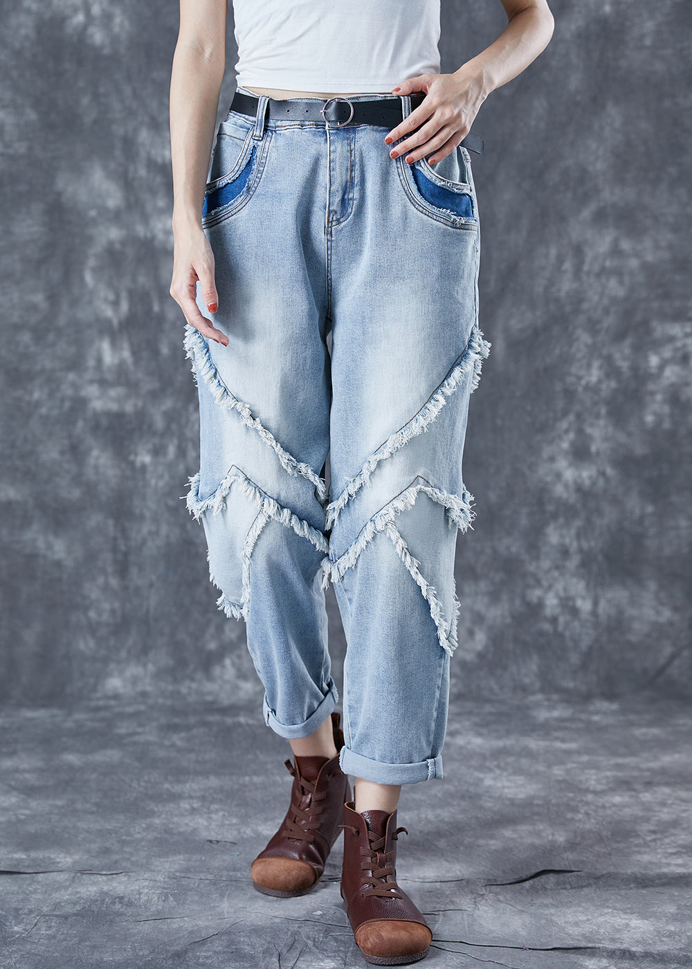 Light Blue Oversized Patchwork Tassel Denim Pants Summer