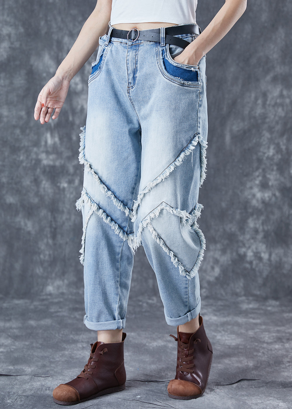 Light Blue Oversized Patchwork Tassel Denim Pants Summer
