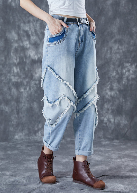 Light Blue Oversized Patchwork Tassel Denim Pants Summer