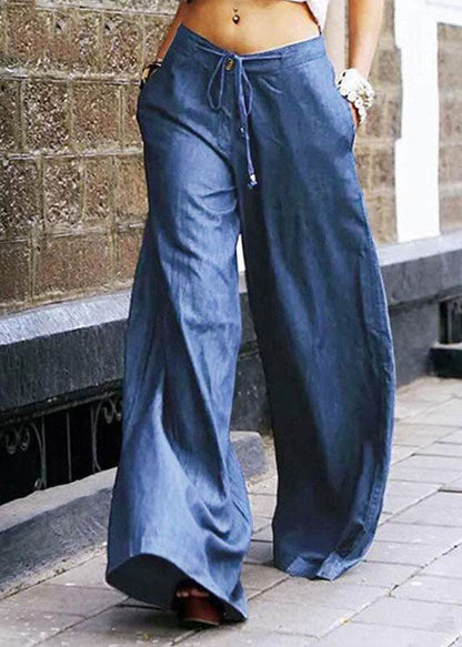 Light Blue Pockets Lace Up Patchwork Denim Wide Leg Pants Summer