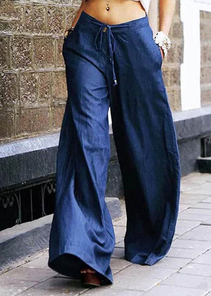 Light Blue Pockets Lace Up Patchwork Denim Wide Leg Pants Summer