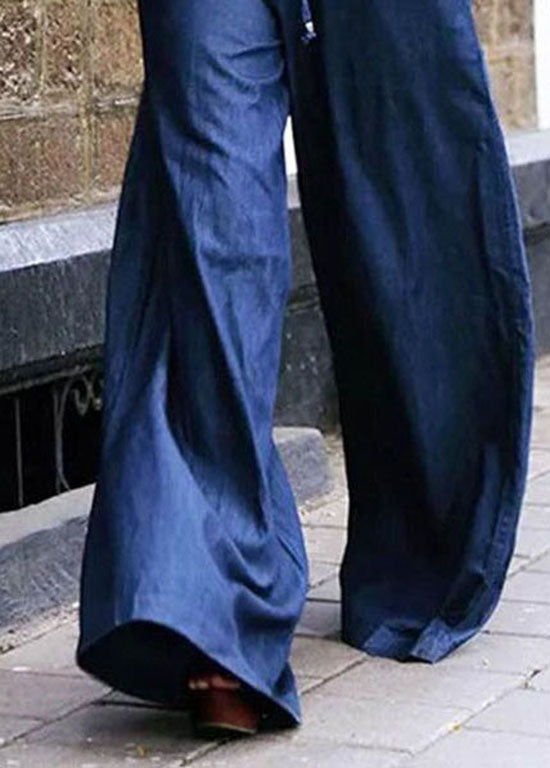 Light Blue Pockets Lace Up Patchwork Denim Wide Leg Pants Summer