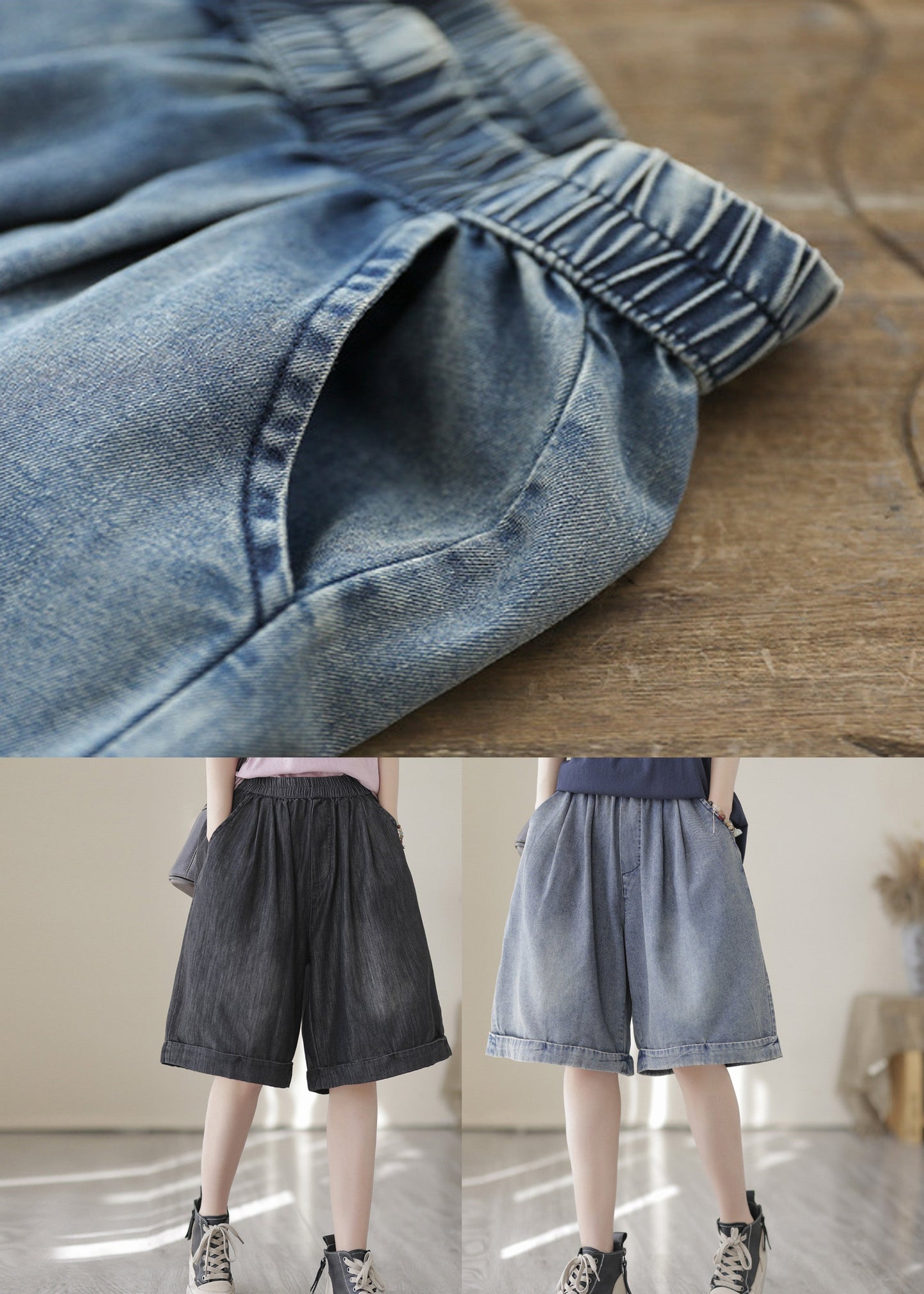 Light Blue Pockets Patchwork Cotton Denim Shorts