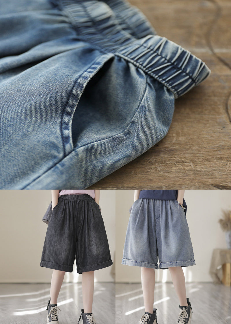 Light Blue Pockets Patchwork Cotton Denim Shorts