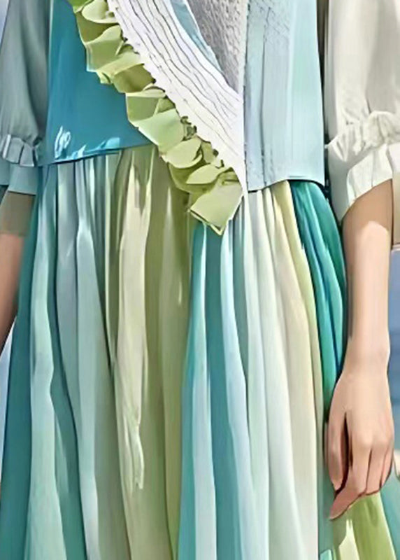 Light Blue Ruffled Patchwork Wrinkled Linen Dress Summer
