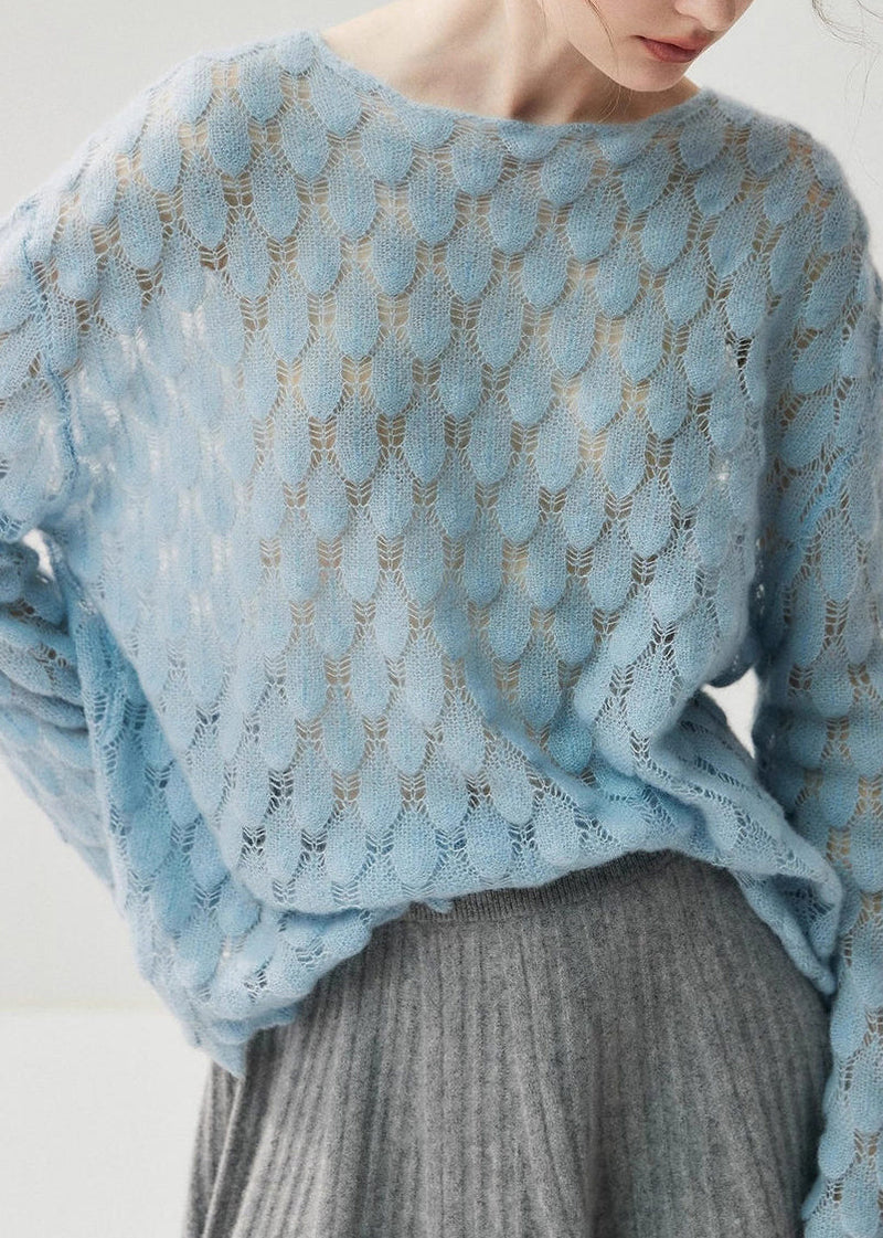 Light Blue Slash Neck Hollow Out Cotton Knit Sweater Spring