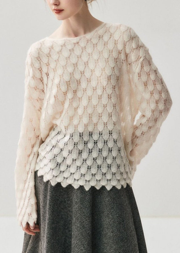Light Blue Slash Neck Hollow Out Cotton Knit Sweater Spring