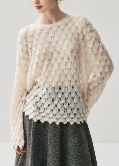 Light Blue Slash Neck Hollow Out Cotton Knit Sweater Spring