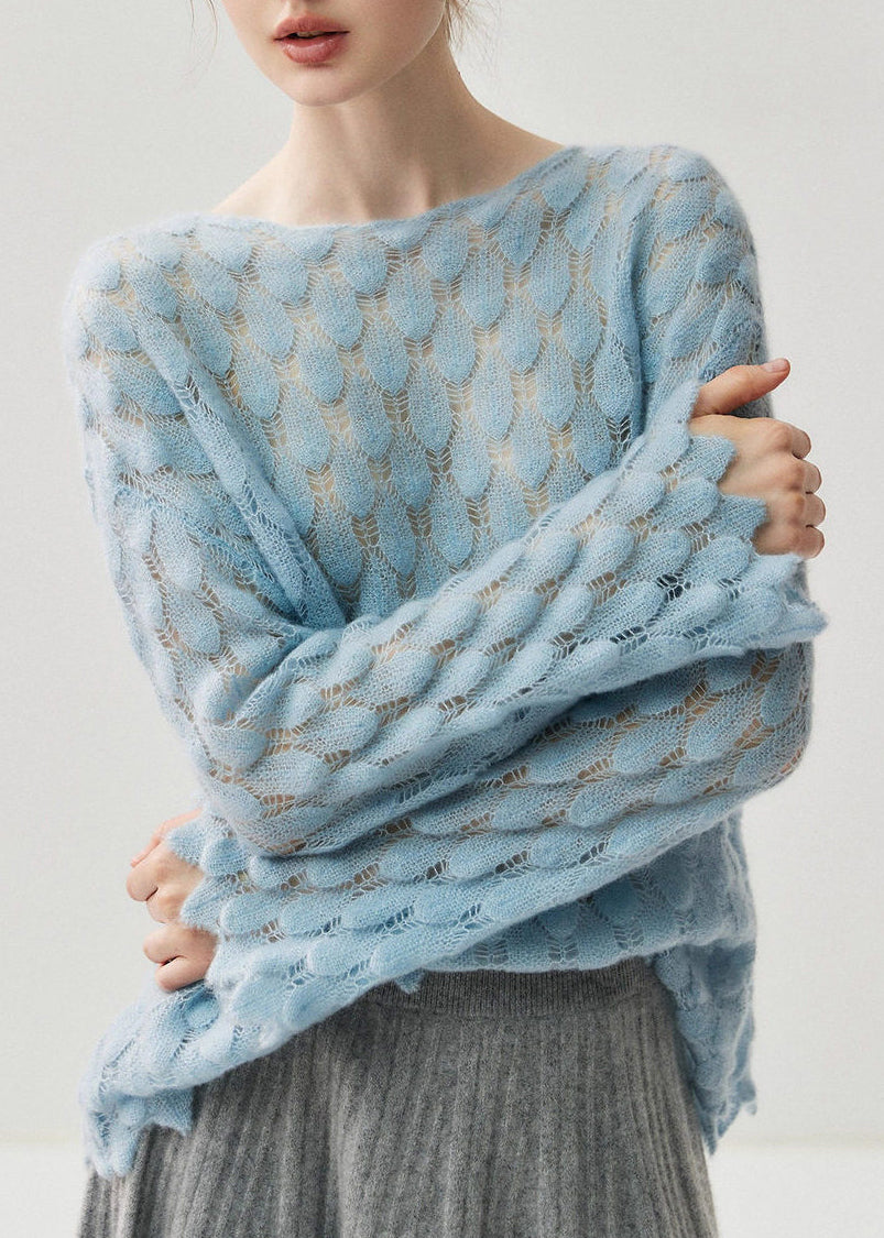 Light Blue Slash Neck Hollow Out Cotton Knit Sweater Spring