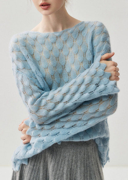 Light Blue Slash Neck Hollow Out Cotton Knit Sweater Spring