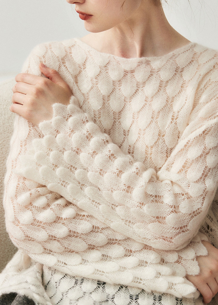 Light Blue Slash Neck Hollow Out Cotton Knit Sweater Spring