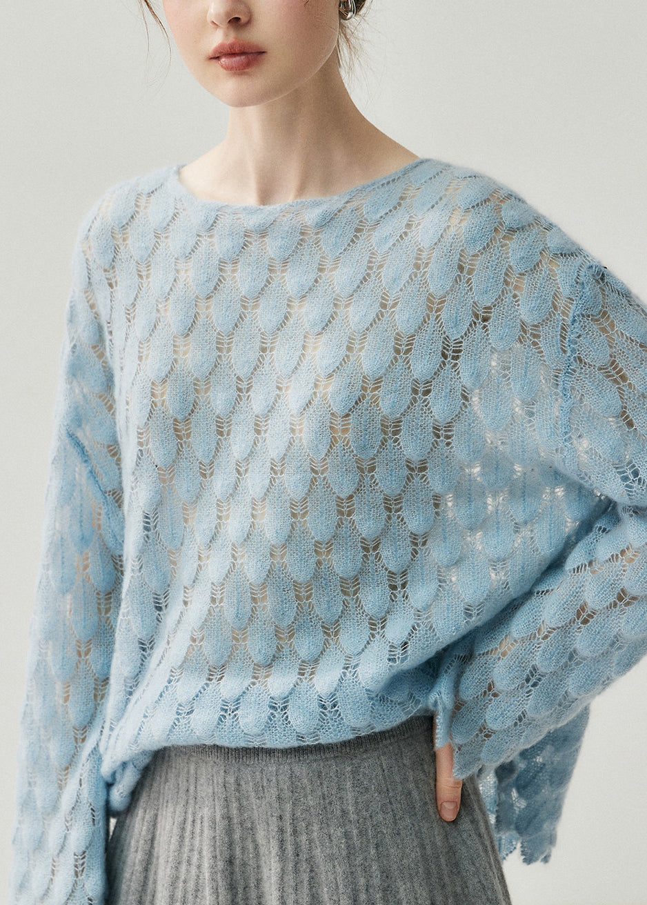 Light Blue Slash Neck Hollow Out Cotton Knit Sweater Spring