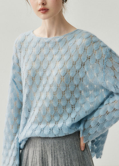 Light Blue Slash Neck Hollow Out Cotton Knit Sweater Spring